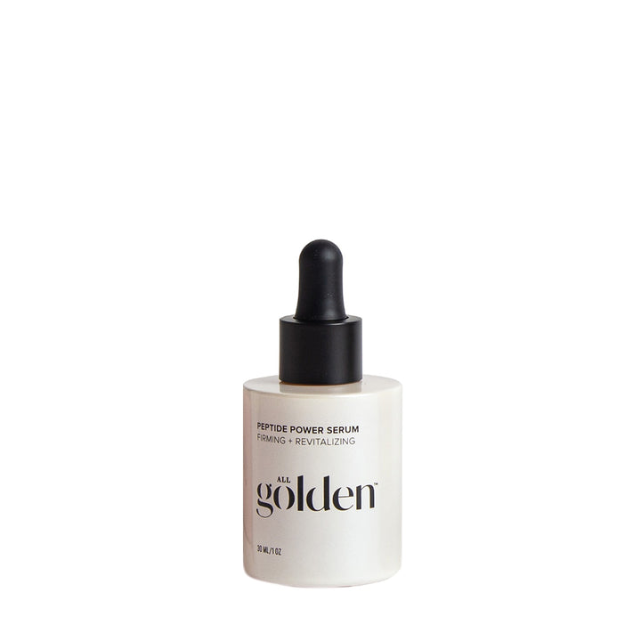 All Golden firming face serum with peptides in white dropper bottle for skin revitalizing