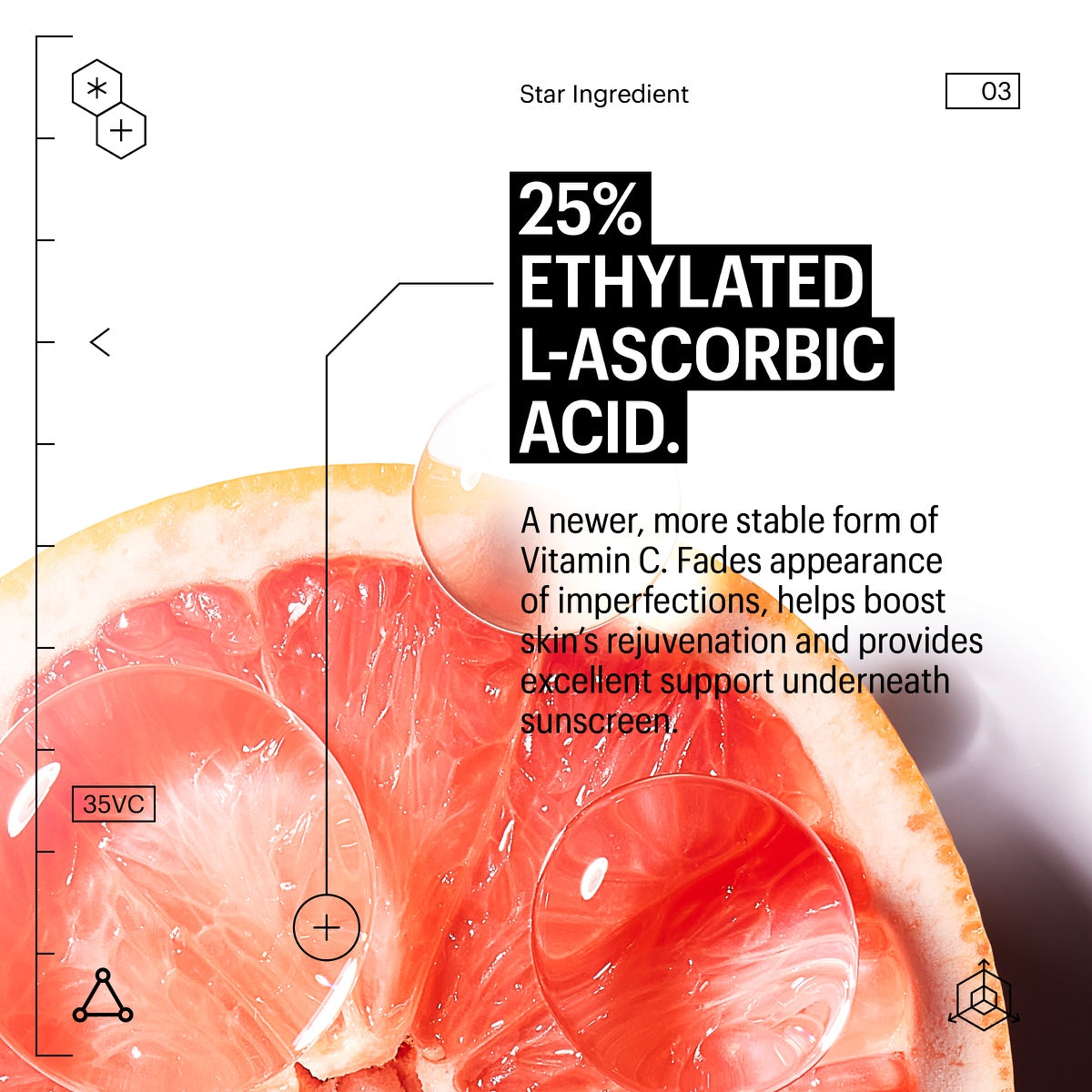 Allies of Skin grapefruit slice with liquid droplet and label reading 25% ethylated L ascorbic acid 35% vitamin C serum for face