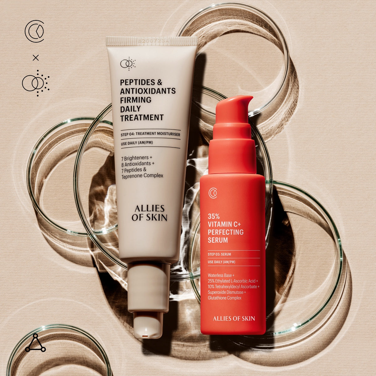 Allies of Skin red pump bottle and treatment tube on beige backdrop showing 35% vitamin C serum for face
