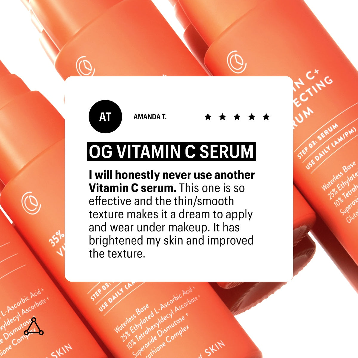 Allies of Skin orange bottles and customer review card for 35% vitamin C serum for face