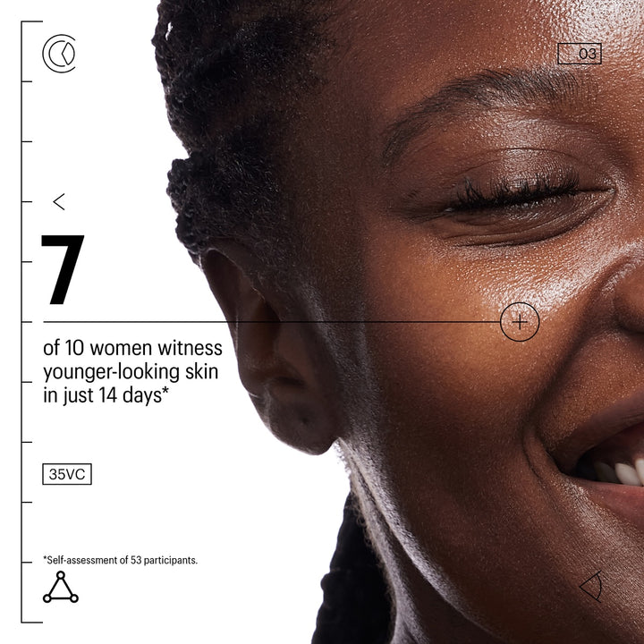 Close up of smiling woman with glowing skin and product claims alongside 35% vitamin C serum for face by Allies of Skin