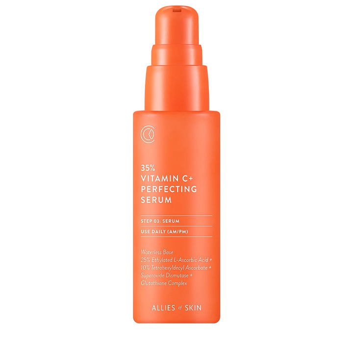 Allies of Skin 35% vitamin C serum for face orange pump bottle labeled Vitamin C Perfecting Serum