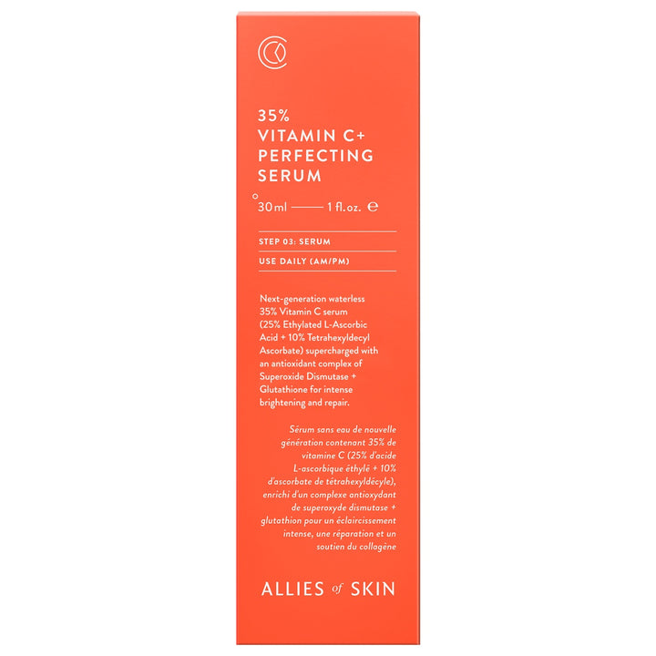 Allies of Skin 35% vitamin C serum for face orange 30ml box packaging showing product name and details