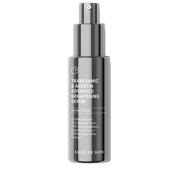 Allies of Skin silver pump bottle of Tranexamic and Arbutin advanced brightening serum in sleek metallic packaging