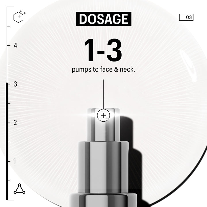 Allies of Skin advanced brightening serum pump close up showing dosage 1 to 3 pumps for face and neck
