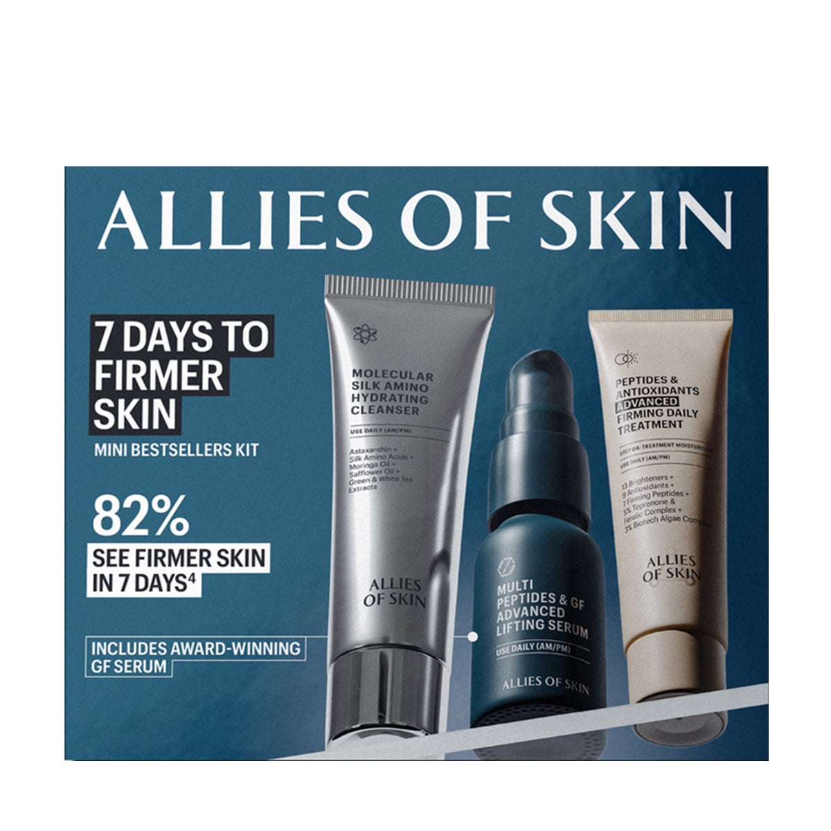Allies of Skin 7 Days To Firmer Skin Kit three mini skincare tubes and serums on blue branded packaging