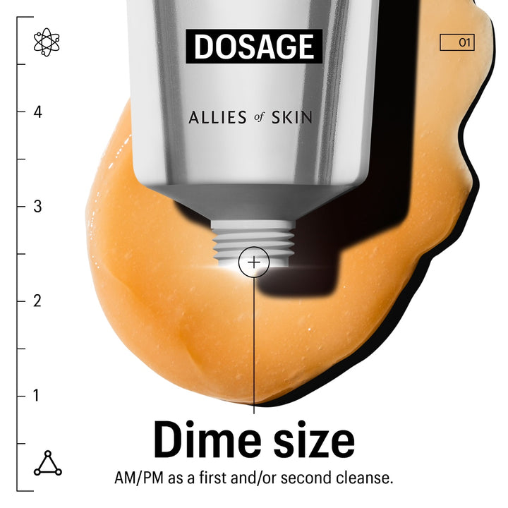 Tube of Allies of Skin hydrating cleanser dispensing orange gel on white background with dime size dosage guide