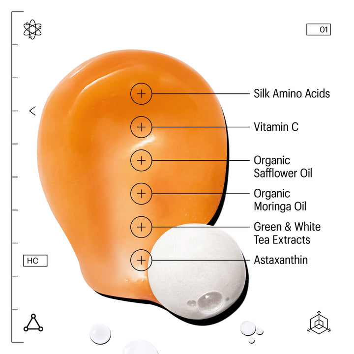 Allies of Skin hydrating cleanser orange gel smear with white foam and ingredient callouts like vitamin C and organic oils