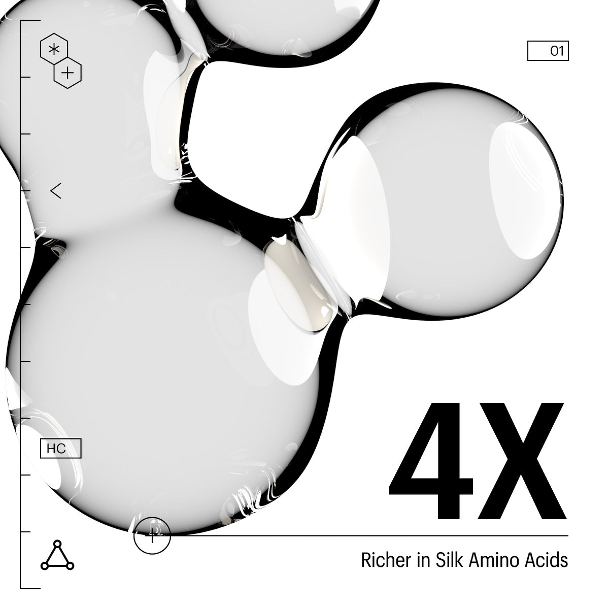 Allies of Skin hydrating cleanser product graphic with glossy translucent bubbles bold 4X text and richer in silk amino acids