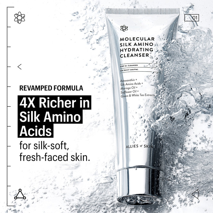 Allies of Skin hydrating cleanser silver tube with water splash and text highlighting 4X richer in silk amino acids