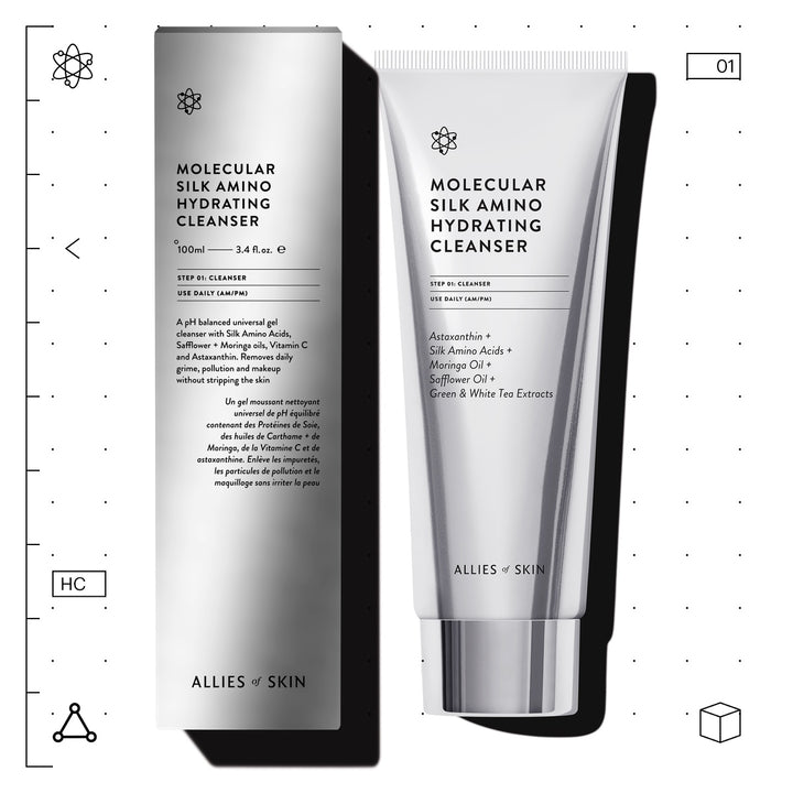 Allies of Skin hydrating cleanser Molecular Silk Amino Hydrating Cleanser silver tube and box 100ml gentle face cleanser