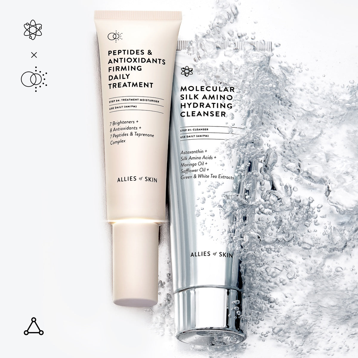 Allies of Skin hydrating cleanser silver tube beside firming daily treatment tube with water splash