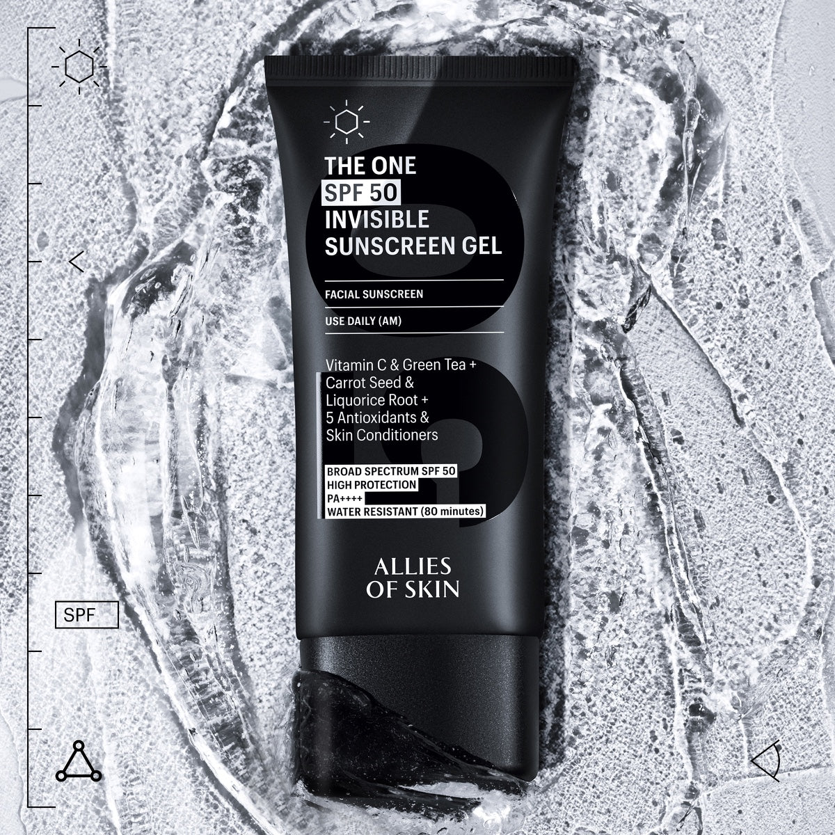 Allies of Skin invisible sunscreen SPF 50 black tube on textured silver background showing label and water droplets