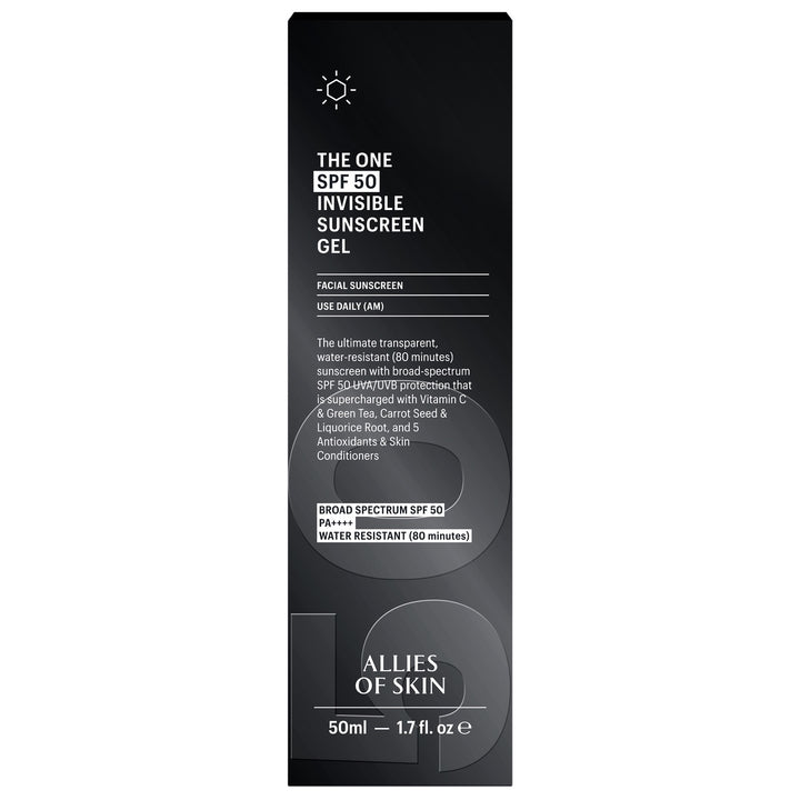 Allies of Skin invisible sunscreen SPF 50 black retail box for The One invisible sunscreen gel 50ml
