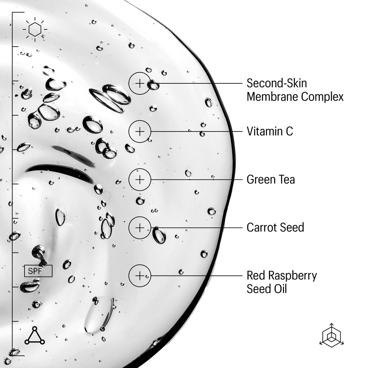 Allies of Skin invisible sunscreen SPF 50 clear gel texture with bubbles and ingredient callouts like Vitamin C and Green Tea