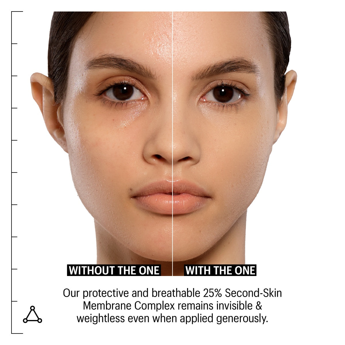 Split face before and after showing matte even skin tone using Allies of Skin invisible sunscreen SPF 50