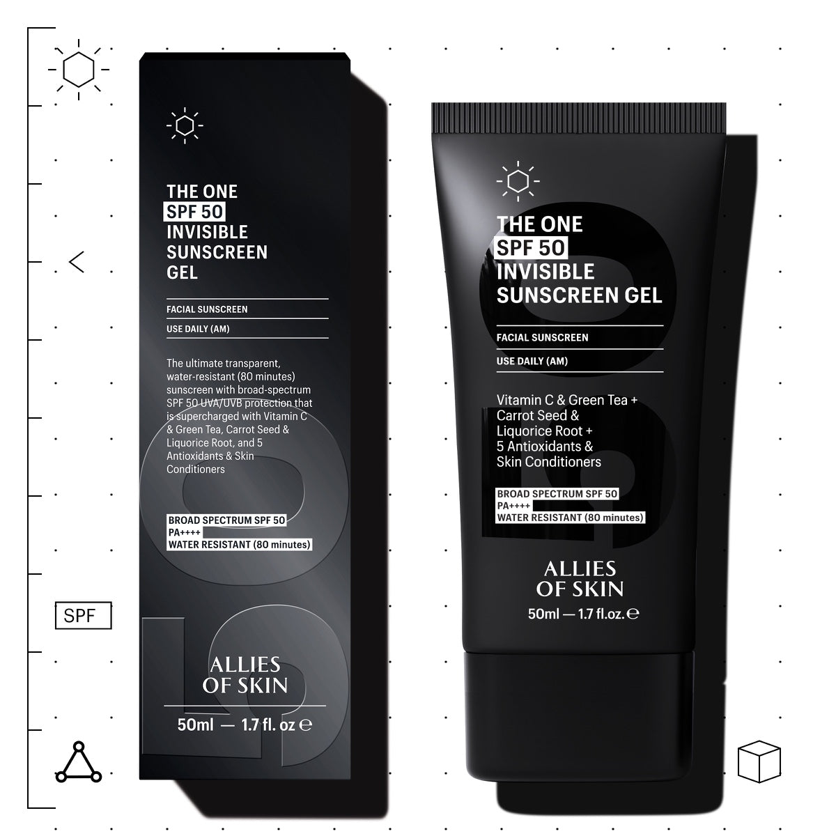 Allies of Skin invisible sunscreen SPF 50 black tube and box of The One invisible sunscreen gel 50ml