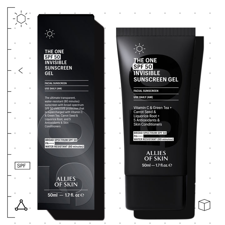 Allies of Skin invisible sunscreen SPF 50 black tube and box of The One invisible sunscreen gel 50ml