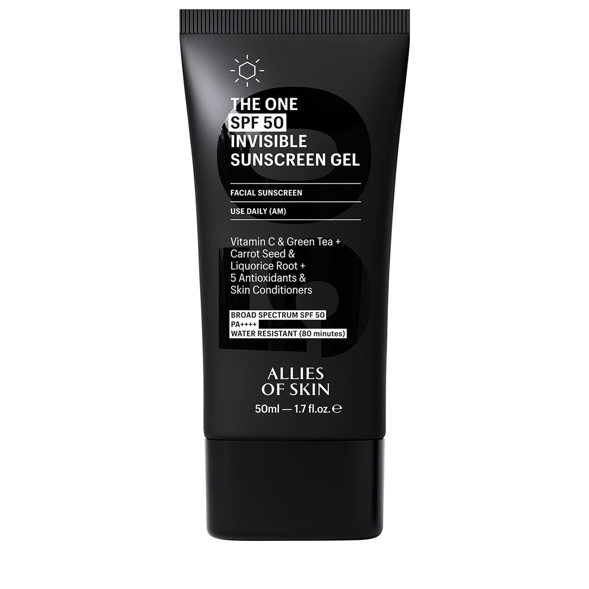 Allies of Skin invisible sunscreen SPF 50 facial invisible sunscreen gel in black 50ml tube