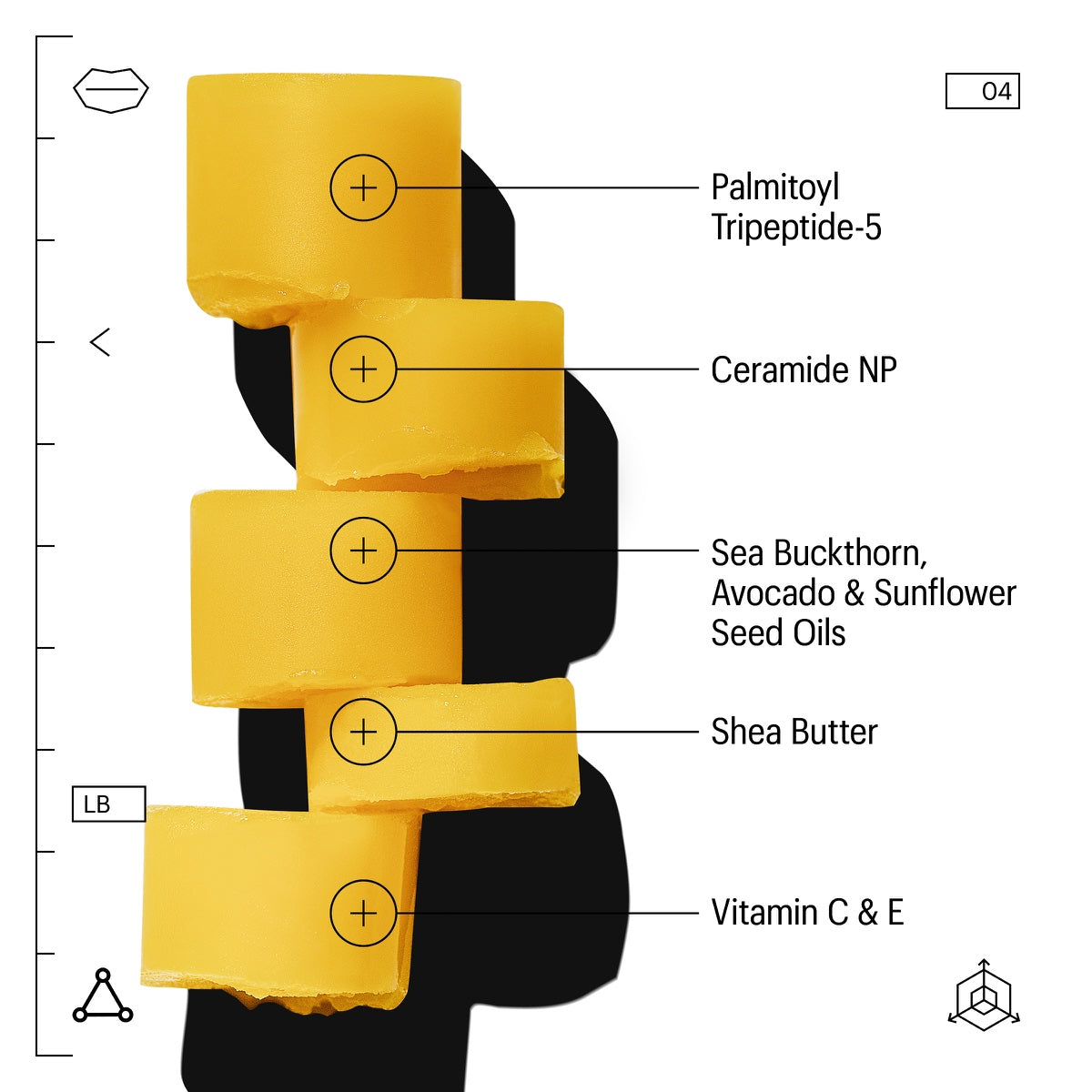Allies of Skin lip repair balm ingredient blocks showing shea butter ceramide NP vitamin C E and nourishing oils