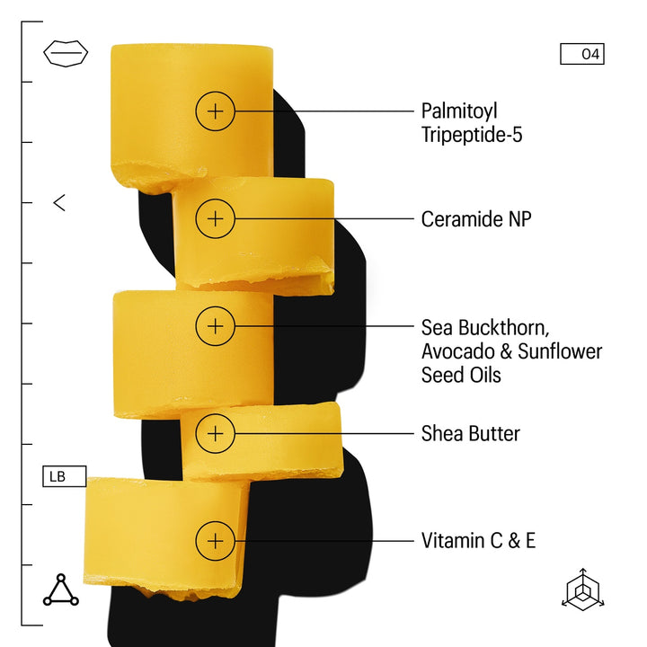 Allies of Skin lip repair balm ingredient blocks showing shea butter ceramide NP vitamin C E and nourishing oils