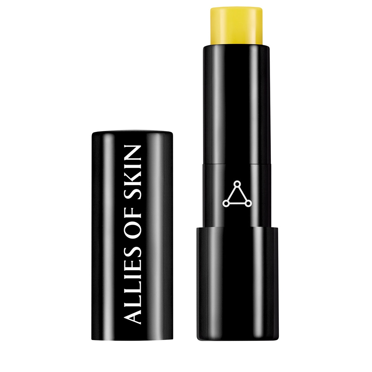 Allies of Skin lip repair balm in sleek black twist up tube showing yellow balm stick with cap