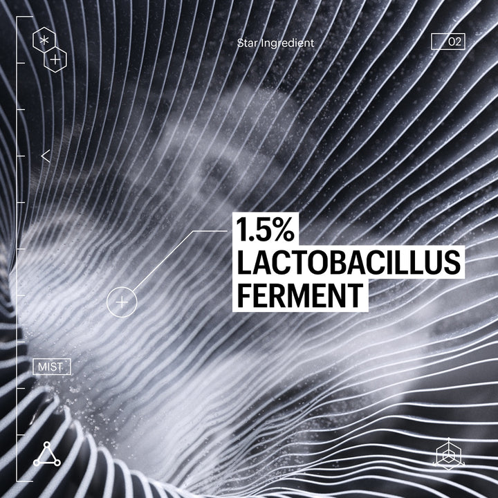 Allies of Skin Probiotics Treatment Mist ingredient graphic 1.5 percent lactobacillus ferment over wavy mist background