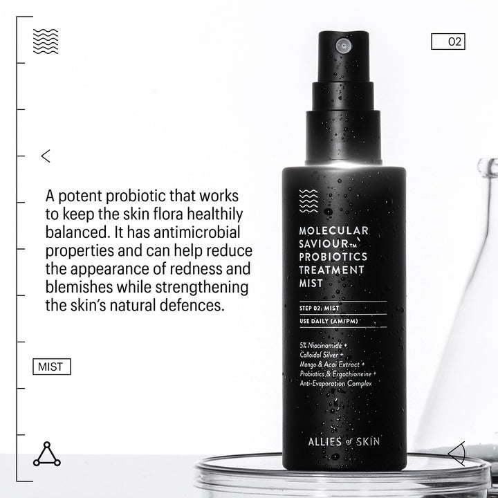 Black spray bottle of Allies of Skin Probiotics Treatment Mist on glass dish with product description text