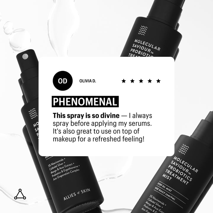 Black bottles of Allies of Skin Probiotics Treatment Mist with spray nozzle and customer review overlay