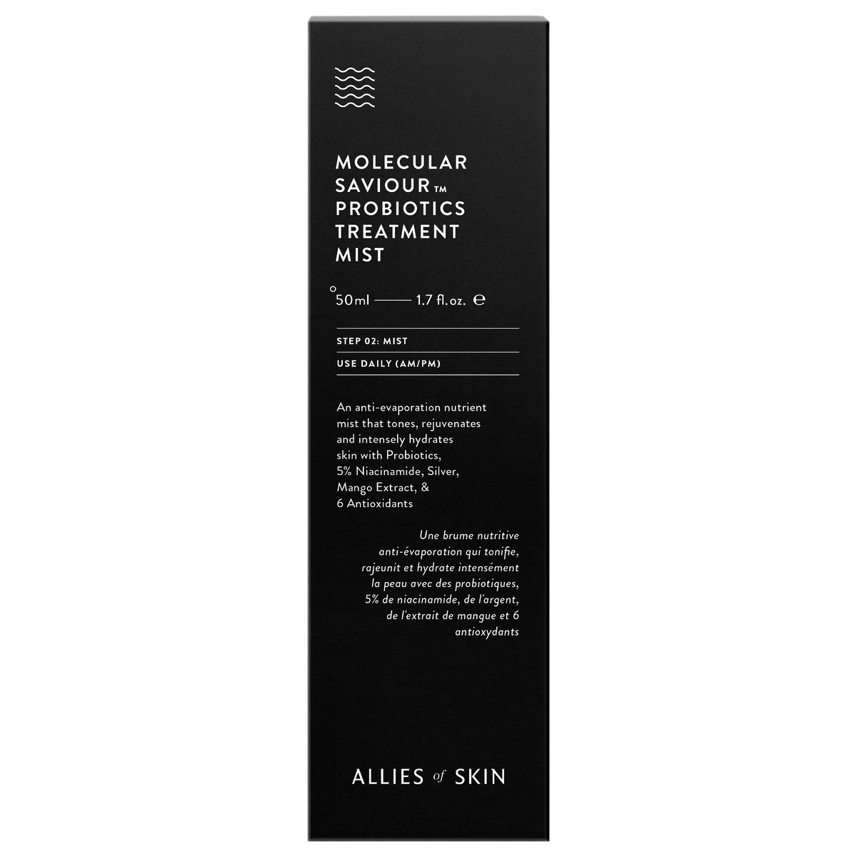 Allies of Skin Probiotics Treatment Mist black 50ml box with Molecular Saviour label and product details