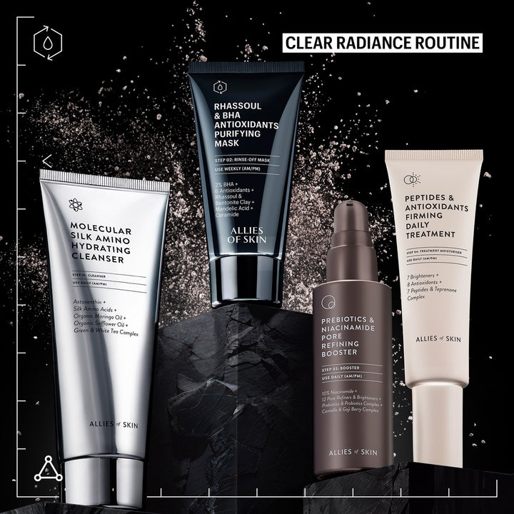 Allies of Skin purifying mask shown with hydrating cleanser pore refining booster and firming daily treatment