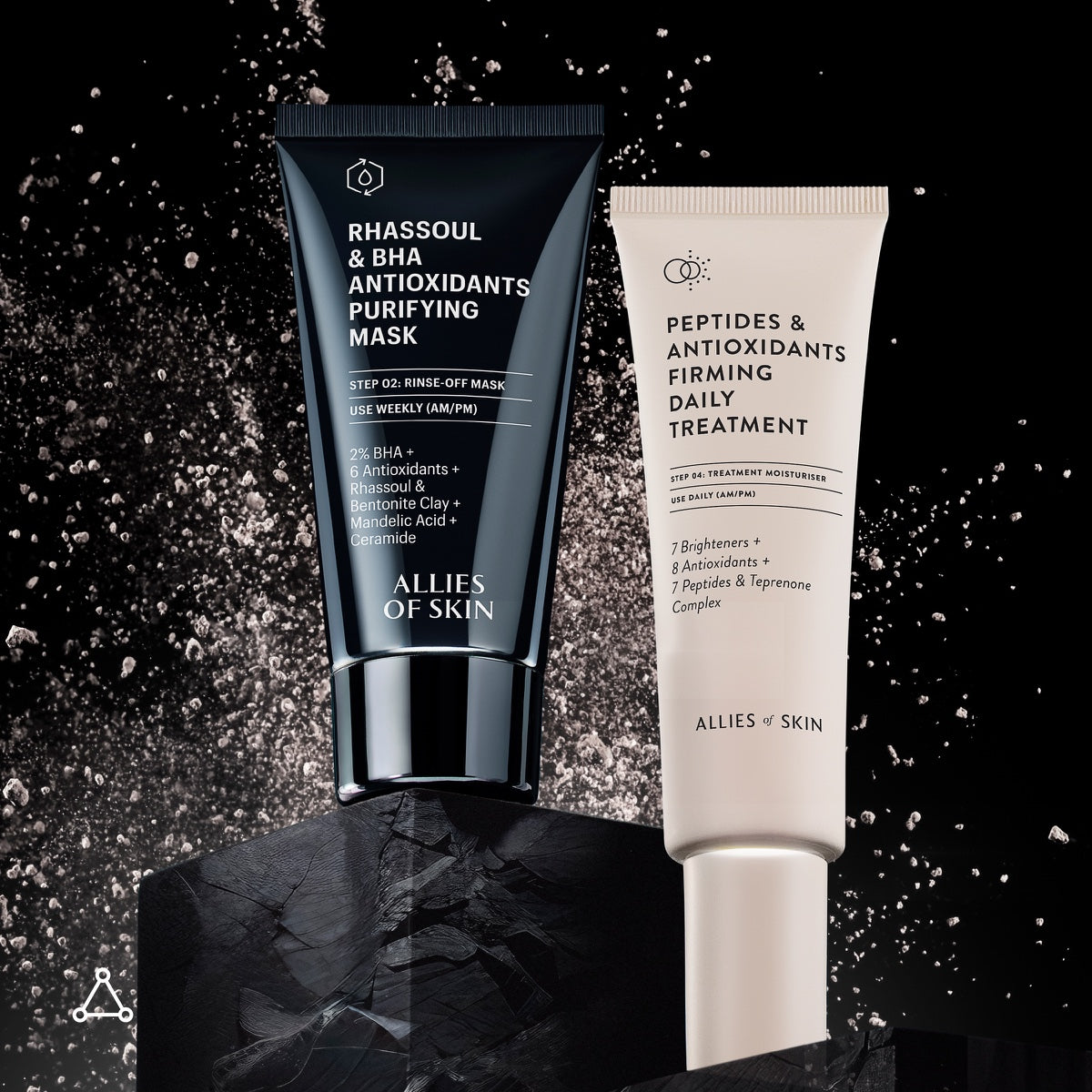 Allies of Skin purifying mask in black tube displayed next to peptides and antioxidants firming daily treatment