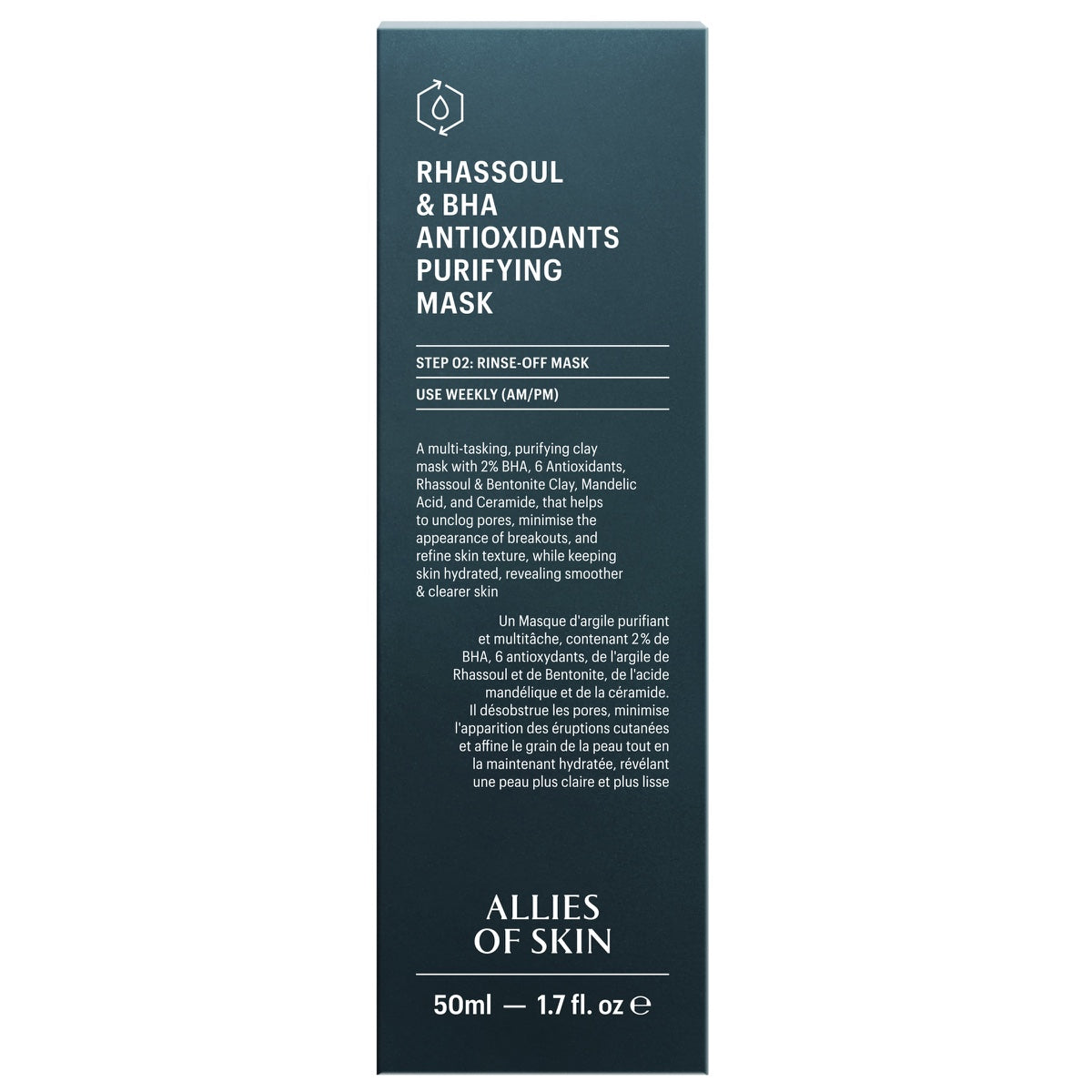 Allies of Skin purifying mask Rhassoul and BHA antioxidants purifying mask box 50ml product packaging