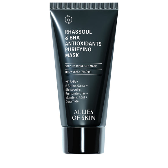 Tube of Allies of Skin purifying mask Rhassoul and BHA antioxidants rinse off treatment for oily skin