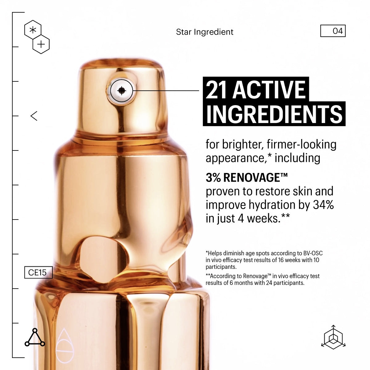 Close up gold pump bottle of Allies of Skin Bakuchiol firming oil highlighting 21 active ingredients for firmer skin
