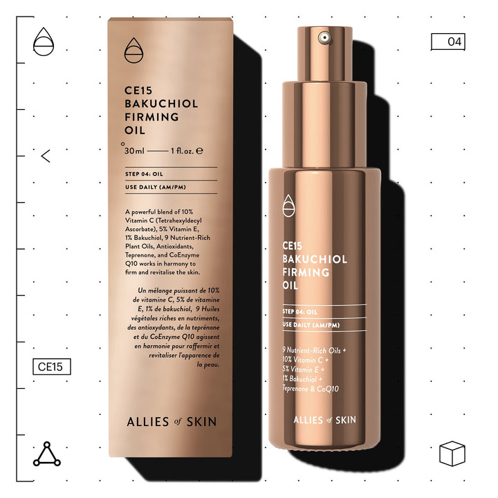 Allies of Skin CE15 Bakuchiol firming oil 30ml rose gold pump bottle and matching box for daily firming