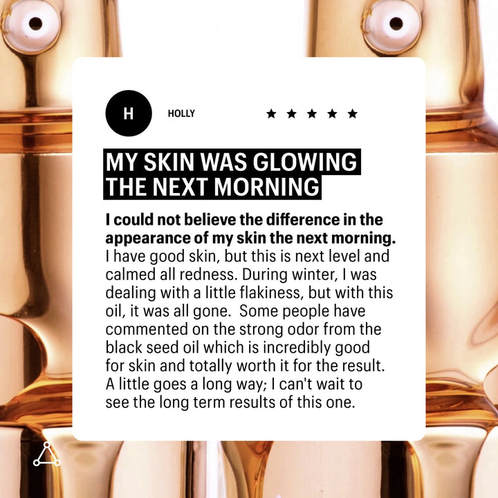 Allies of Skin Bakuchiol firming oil closeup of gold dropper bottles with glowing skin testimonial card