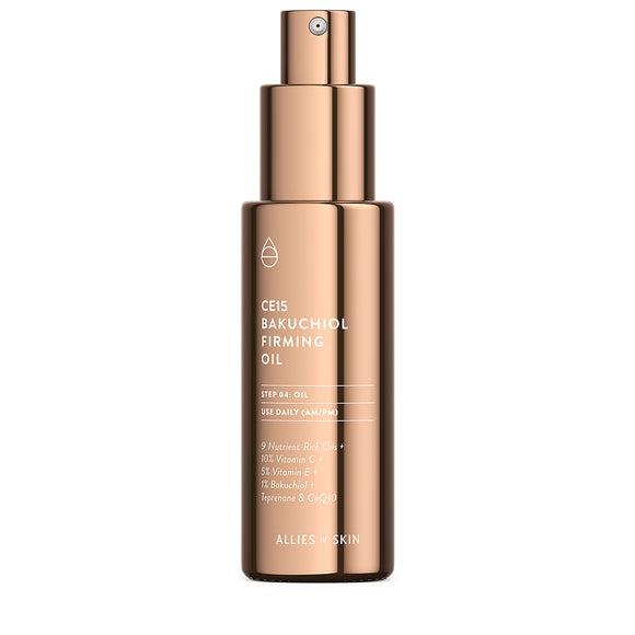 Allies of Skin CE15 Bakuchiol firming oil rose gold pump bottle for daily facial firming and hydration