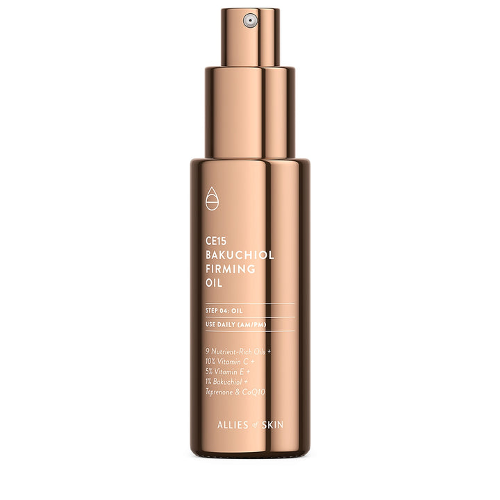 Allies of Skin CE15 Bakuchiol firming oil rose gold pump bottle for daily facial firming and hydration