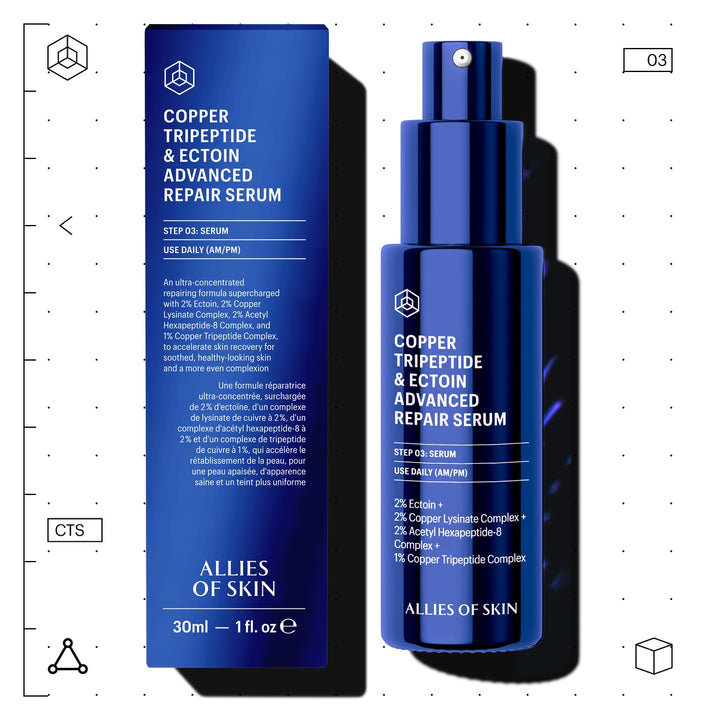 Allies of Skin copper tripeptide repair serum blue 30ml pump bottle and box for skin repair