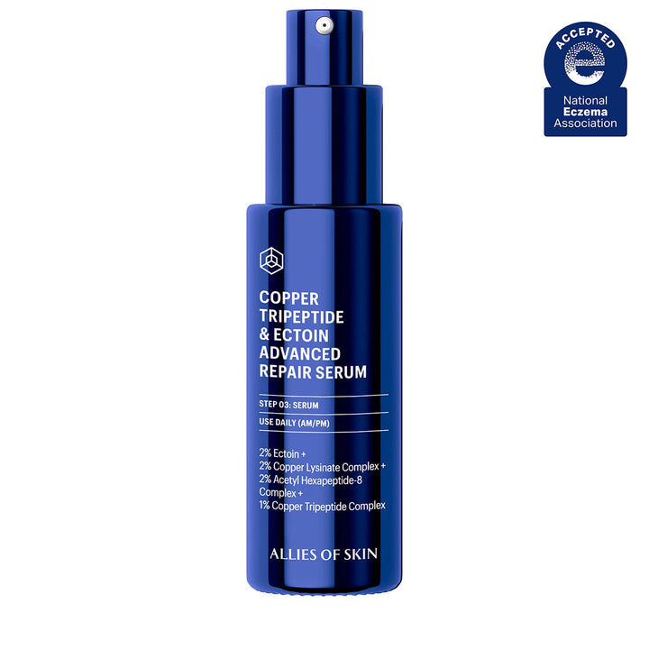 Allies of Skin copper tripeptide repair serum in blue pump bottle labeled Advanced Repair Serum for skin