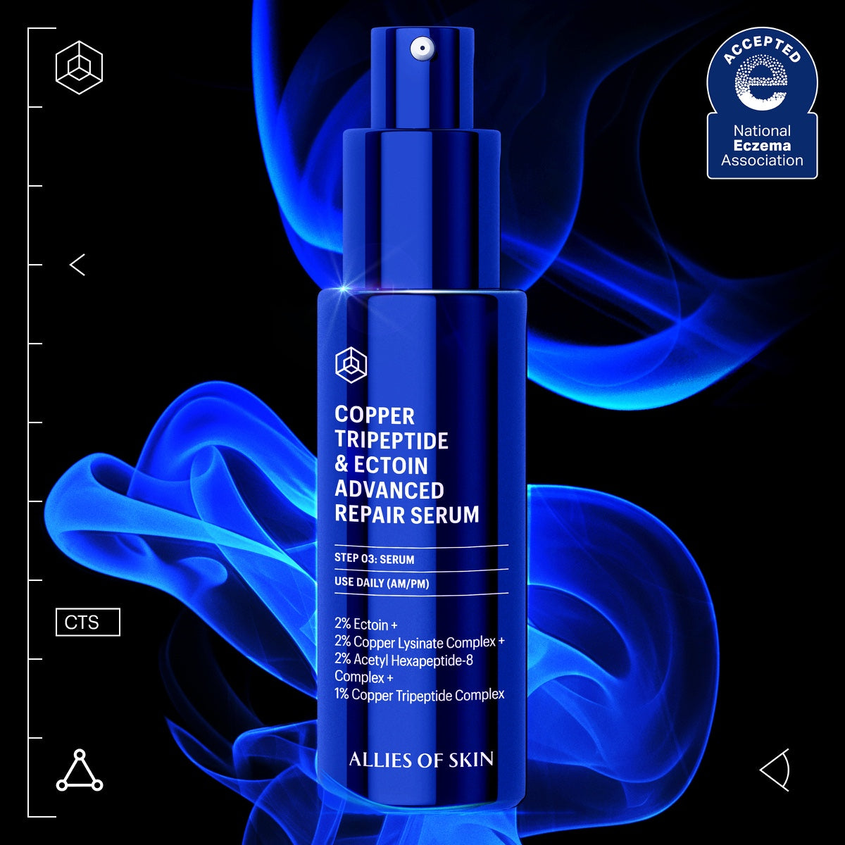 Allies of Skin blue pump bottle of copper tripeptide repair serum with swirling blue smoke background and eczema association seal