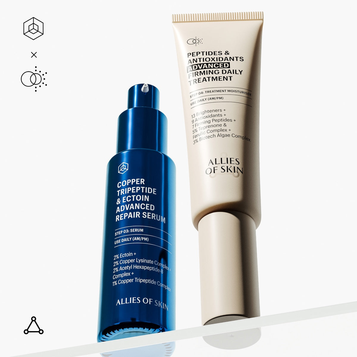 Allies of Skin blue pump bottle of copper tripeptide repair serum beside beige peptides and antioxidants tube on white background