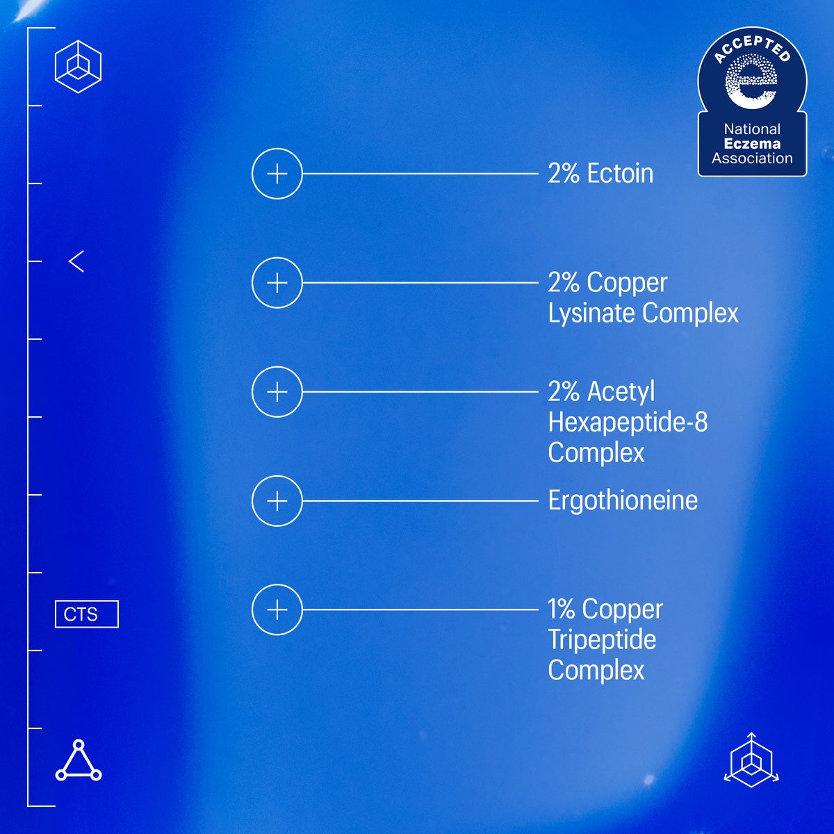 Allies of Skin ingredient graphic listing active complexes and National Eczema Association seal for copper tripeptide repair serum