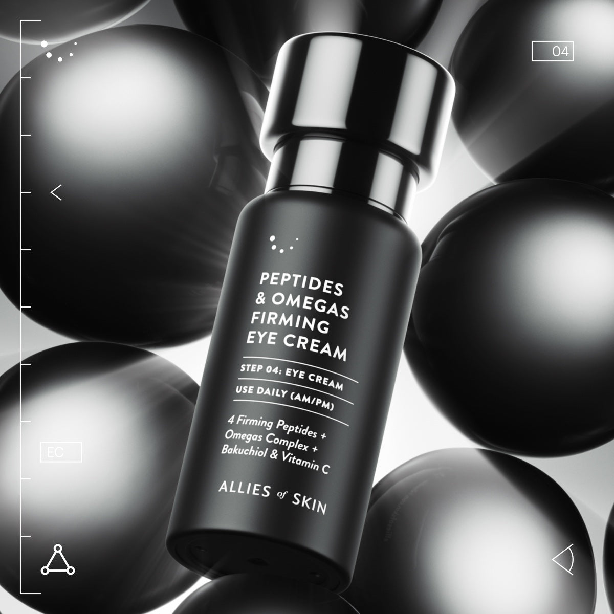 Allies of Skin firming eye cream with peptides in sleek black bottle against metallic spheres