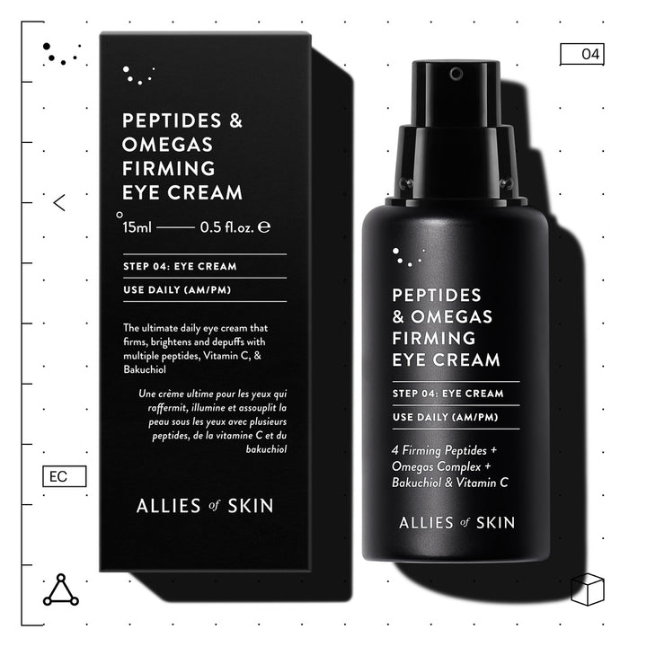 Allies of Skin Peptides and Omegas firming eye cream with peptides black pump bottle beside matching box