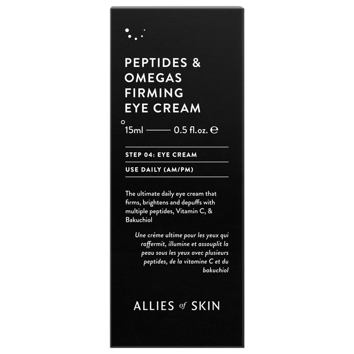 Allies of Skin Peptides and Omegas 15ml box showing label for firming eye cream with peptides and usage