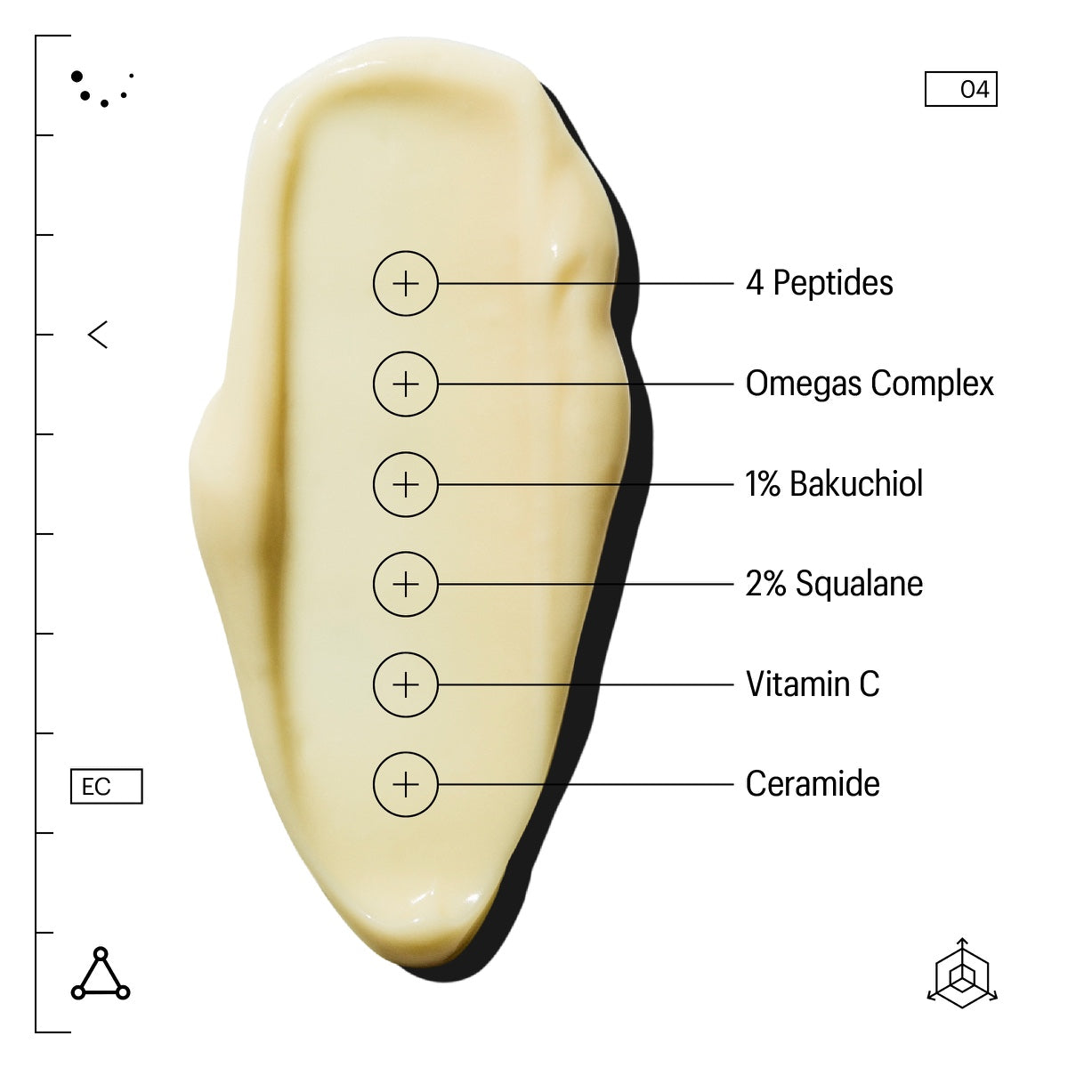 Allies of Skin cream swatch labeled firming eye cream with peptides and key actives like bakuchiol squalane vitamin C