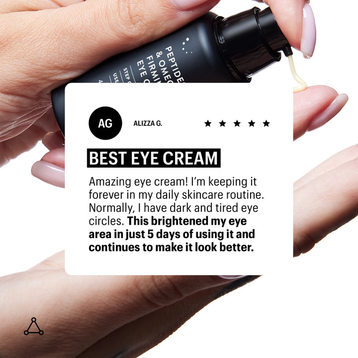 Allies of Skin bottle dispensing serum into fingers next to review card for firming eye cream with peptides