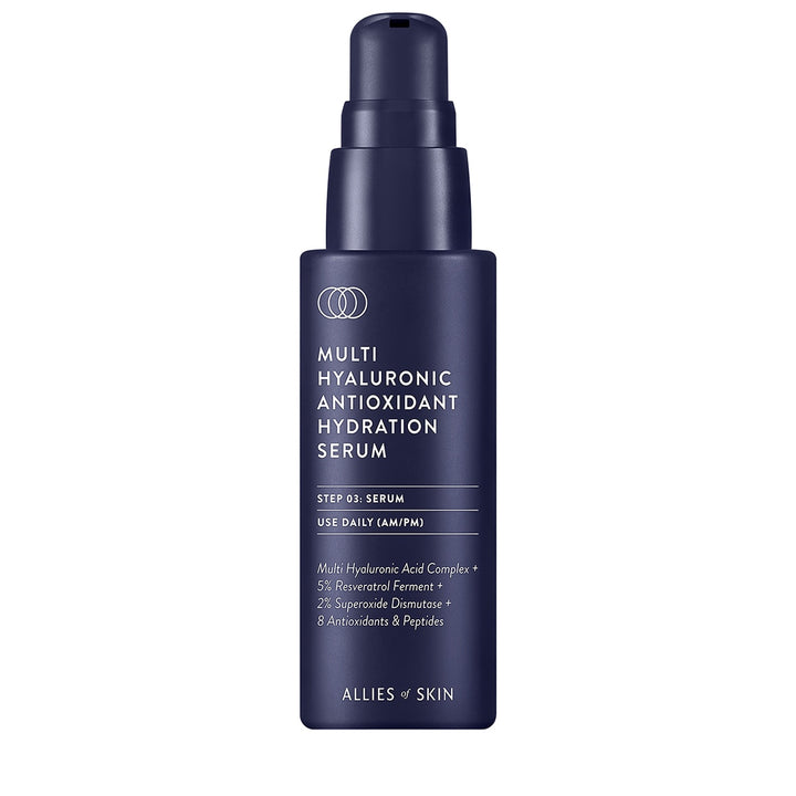 Allies of Skin navy pump bottle Multi Hyaluronic Antioxidant Hydration Serum hyaluronic acid hydration serum